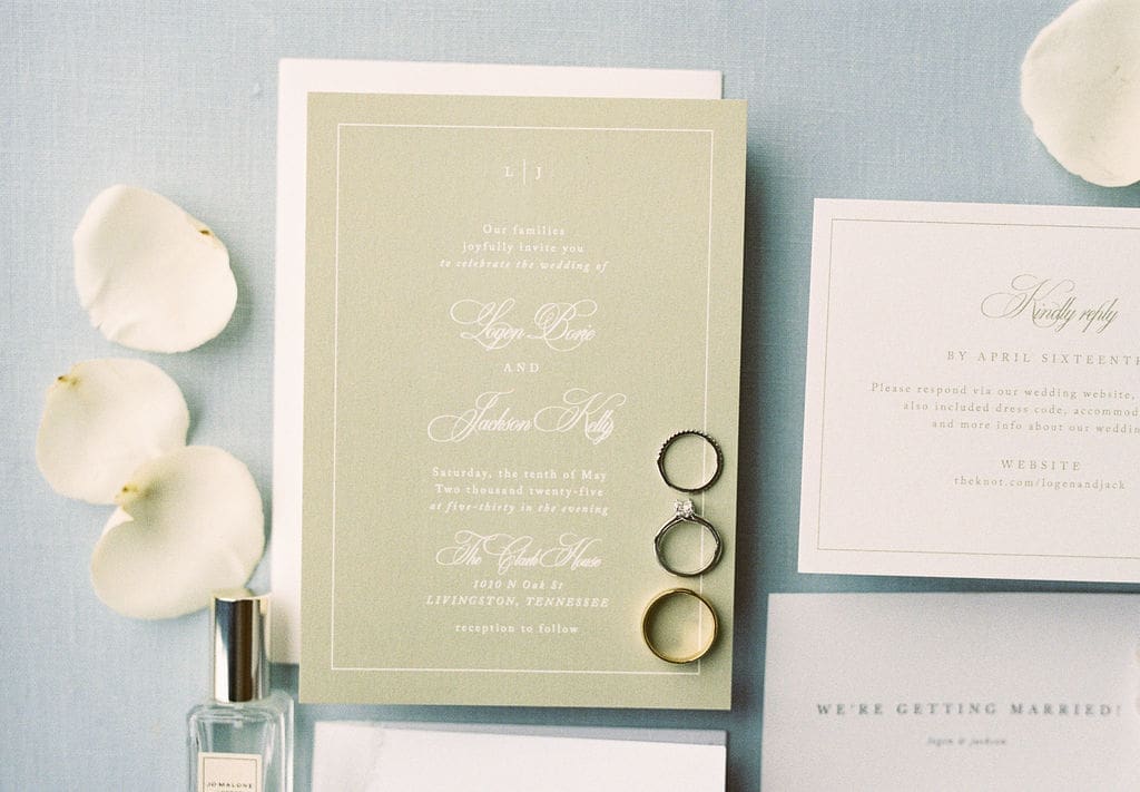 wedding invitation and ring details photographed on film with soft natural light