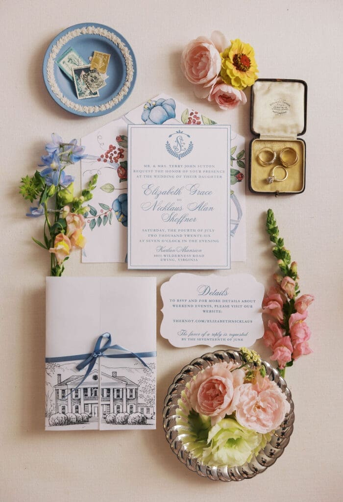 wedding invitation suite with rings and bridal accessories flat lay detail knoxville tn wedding